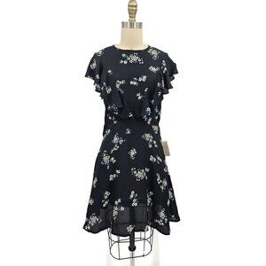 New Flynn Skye Remi Mini Dress Womens L Black White Floral Ruffles Rayon